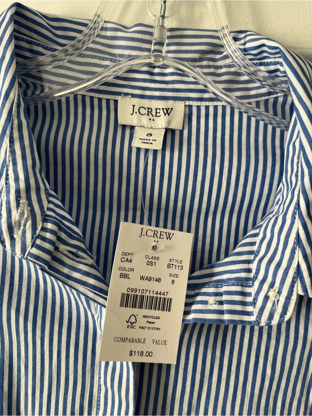 J. Crew Blue and White Striped Puff-Sleeve Shirt Dress with Drawstring - Picture 3 of 11